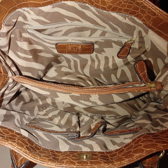 Anne Klein New York Satchel Shoulder Handbag Crocodile Embossed Logo Tote Brown - Picture 3 of 11